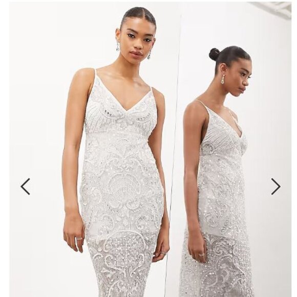 ASOS EDITION Scallop Embellished Jewel & Sequin Cami Midi Dress in Ivory – Size - Picture 1 of 5